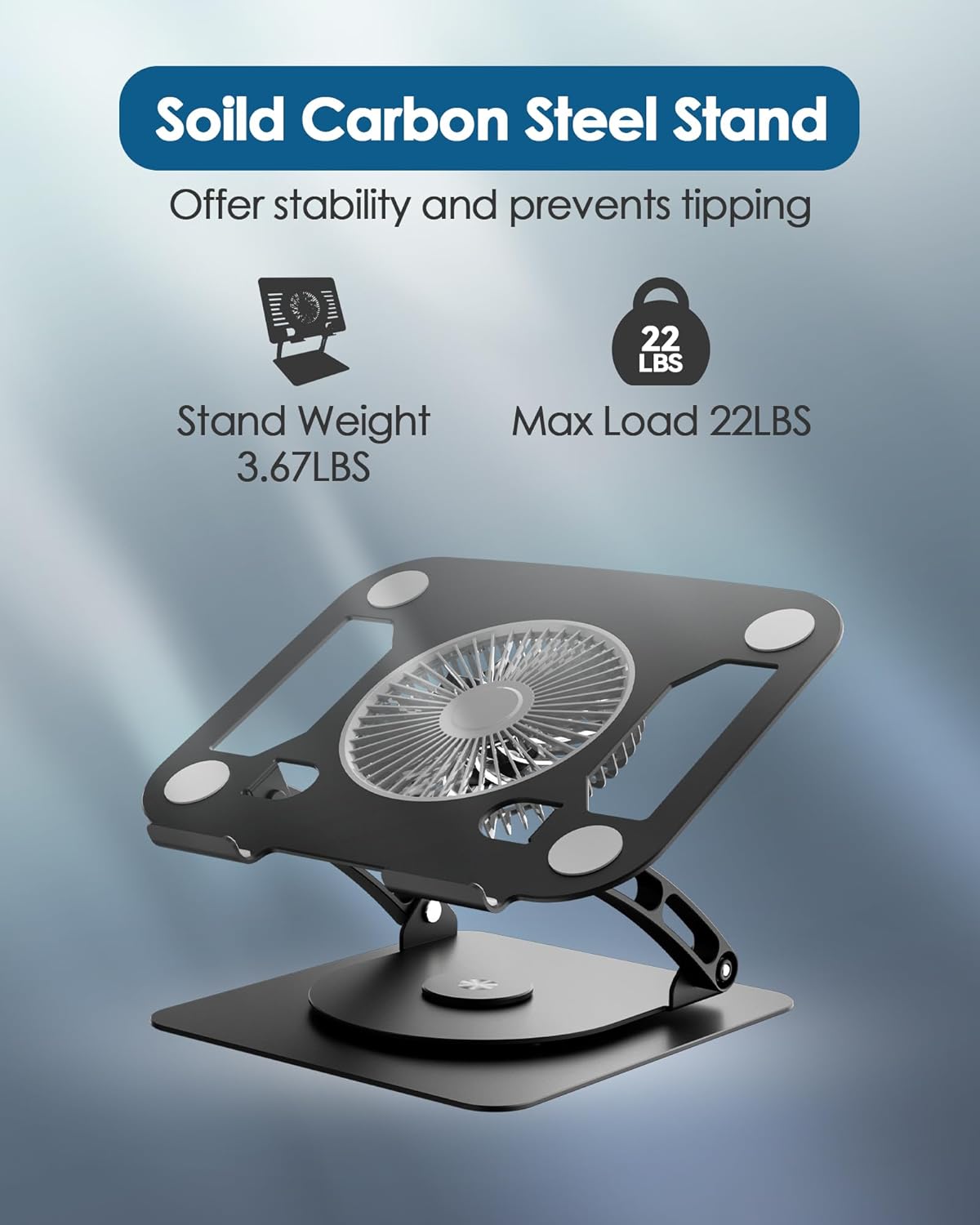 SHUWEI Laptop Cooling Stand with 3 Speed Fan, Adjustable Height Laptop Stand for Desk, Ergonimic Aluminum Laptop Cooling Pad for 10-15'' Notebook - Black