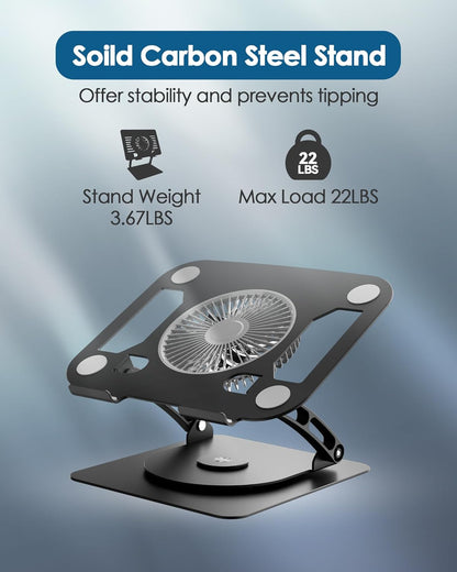 SHUWEI Laptop Cooling Stand with 3 Speed Fan, Adjustable Height Laptop Stand for Desk, Ergonimic Aluminum Laptop Cooling Pad for 10-15'' Notebook - Black