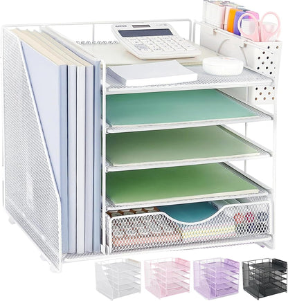 Desk Organizer with Drawer and Pen Holder, 5-Tier Paper Letter Tray Organizer with File Holder, Suitable for Workspace Organizer Office Supplies Storage (Black)