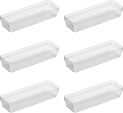 Oggi Clear Drawer Organizer - 3" X 9.5" (Set of 6) - Ideal for Organizing Kitchen Drawers, Office, Desk, Silverware, Kitchen Utensils, Cosmetics and Bathrooms