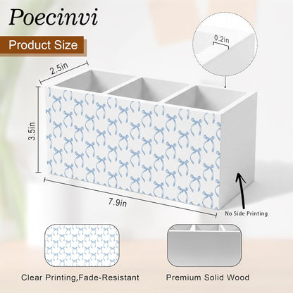 Blue Coquette Bow Pen Holder for Home Office Desk, Girly Office Decor, Preppy Blue Ribbon Bow Aesthetic Wooden Box Sign Pencil Holder for Desk Shelf Organizer