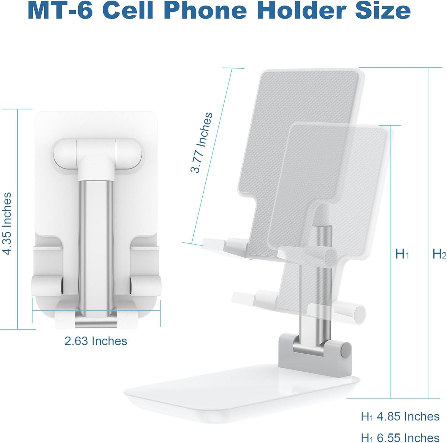 Cell Phone Stand, Fully Adjustable Foldable Desktop Phones Holder with Silicon Pad for Desk Fully Phones Holder Compatible with All Mobile Phones (White)