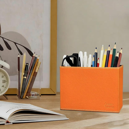 Leather Pen Holder, Brown Pencil Holder, Desktop Elegant Pen Holder for Desk, Stationery Organizer for School Office Home Dorm (3.3" x 3.3" x 4", Brown)