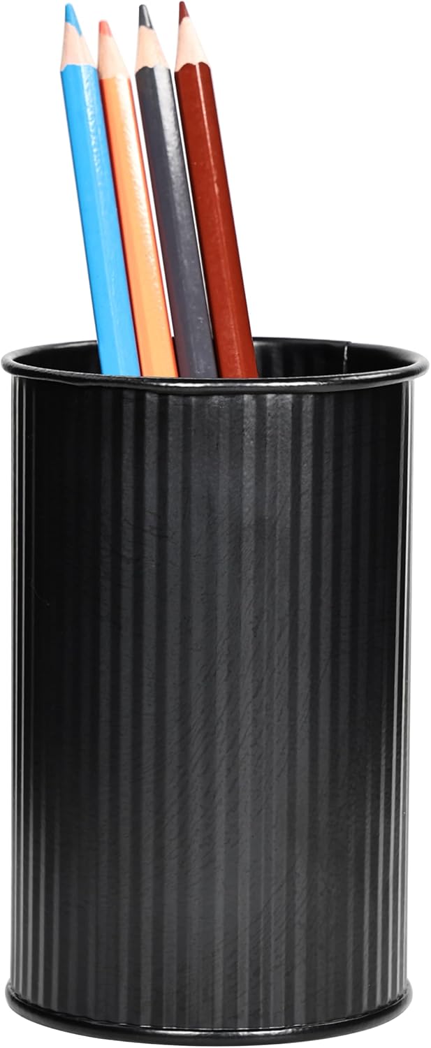 Metal Pen Holder with Vertical Groove Design, Multipurpose Desk Organizer Cup for Pens, Makeup Brushes, Utensils, Straws & Small Vase, Solid Black