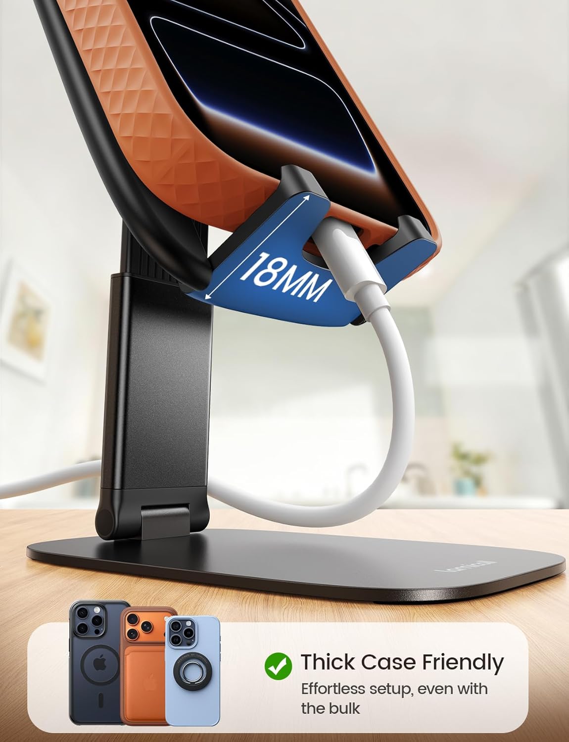 Lamicall Foldable Cell Phone Stand for Desk - [Ultra Thin] Portable Travel Holder, Height Adjustable, Weighted Metal Base, Thick Case Friendly for iPhone 17 16 15 Pro Max, Galaxy S26, Gift Mothers Day