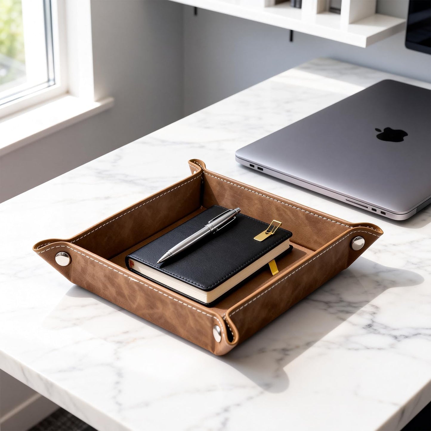 siduater Valet Tray Desktop Storage Organizer, Vegan Leather Catchall Bedside Vanity Tray Nightstand Caddy Holder for Remote Controller, Watch, Keys, Phone, Wallet, Sunglasses, Jewelry - Map