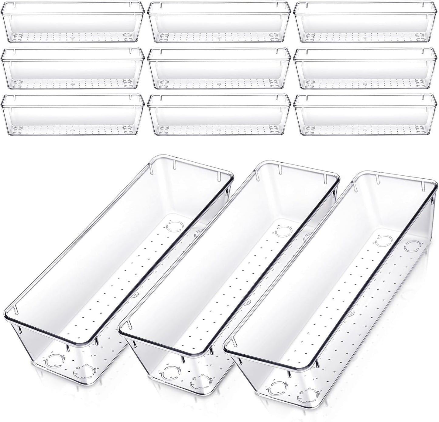 12 Pack Clear Plastic Kitchen Drawers Organizer 9 * 3 * 2 Inch Stackable Storage Trays for Kitchen Utensils Makeup Jewelry Office Supplies Bathroom and Dressing Table