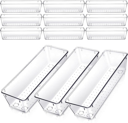 12 Pack Clear Plastic Kitchen Drawers Organizer 9 * 3 * 2 Inch Stackable Storage Trays for Kitchen Utensils Makeup Jewelry Office Supplies Bathroom and Dressing Table