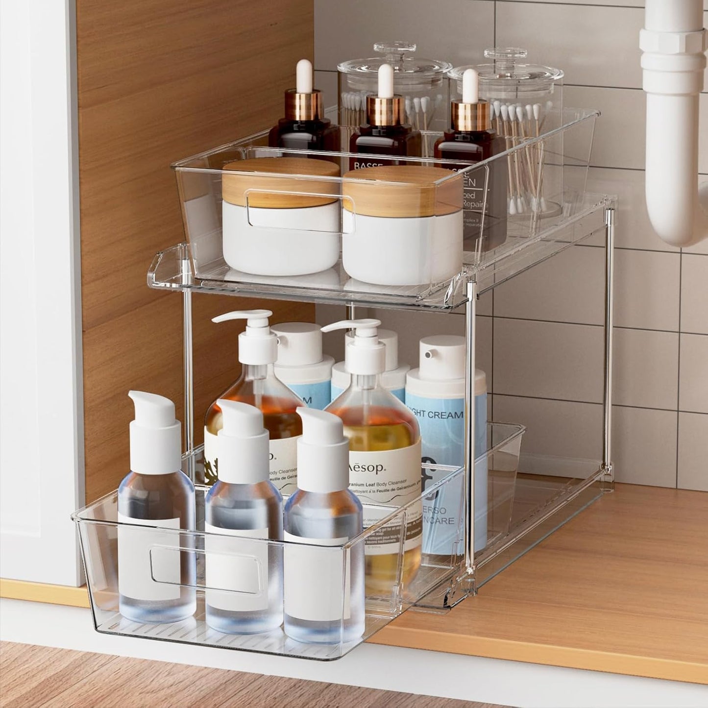Fabspace Pull-out Home Organizer, 2 Pack 2 Tier Clear Bathroom Organizer with Dividers, Multipurpose Vanity Counter Tray, Kitchen, Closet Organizers, Cabinet & Storage Container Bins