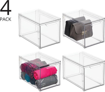 mDesign Plastic Stackable Closet Storage Organizer Bin Containers with Front Pull Drawer for Cabinet, Desk, Shelf, Cupboard, or Dresser Organization - Lumiere Collection - Clear