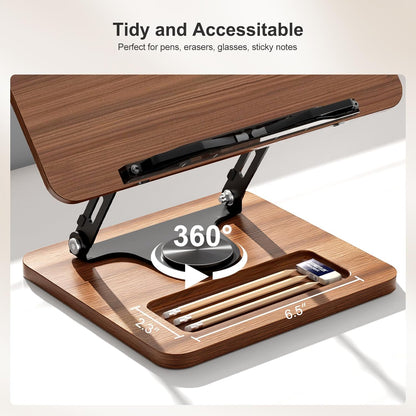 Book Stand for Reading, 360° Rotating Hands Free Book Holder, Adjustable Height and Angle, Page Clip for Cookbook, Recipe, Magazine, Laptop,Tablet, Foldable for Kitchen, Office, School