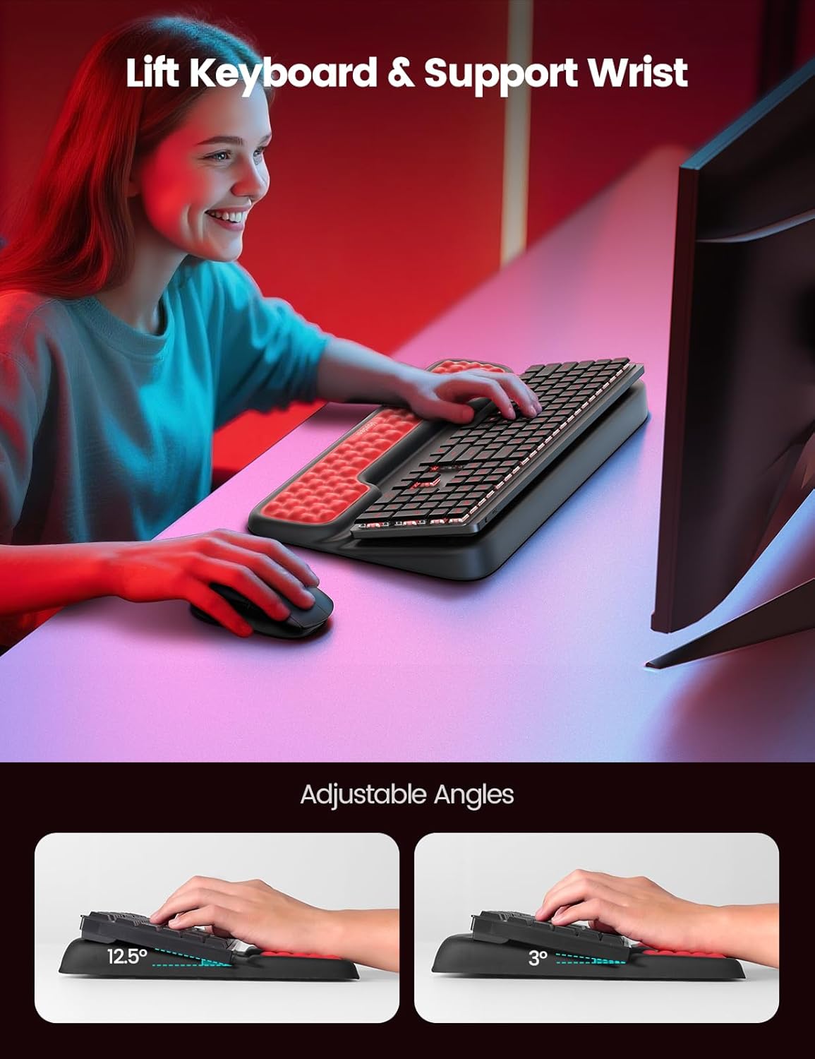 Vaydeer Wrist Rest with Keyboard Stand, Computer Wrist Support Pad, Ergonomic Keyboard Riser Holder Lift Tray with Wrist Pad, Soft Memory Foam Desk Cushion, Palm Hand Typing for Office Home Gift-Blue