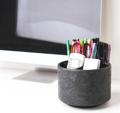 lizimandu Round Leather Art Supply Organizer,Remote Control Holder,360 Degree Spinning,Multi-Functional Pencil Holder,4 Compartments Desktop Stationary Organizer(1-Gold) - Colors A