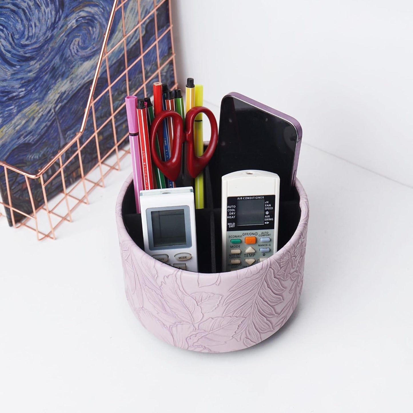 Hennaja Round Leather Art Supply Organizer,Remote Control Holder,360 Degree Rotating,Multi-Functional Pencil Holder,4 Compartments Desktop Stationary Organizer(1-Blue Bird) - Colors A