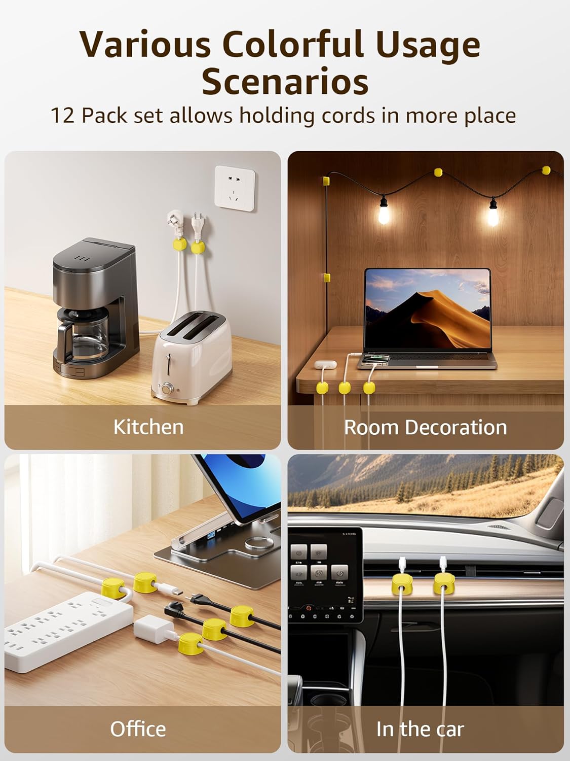 12 Pack Magnetic Cable Clips – [One-Snap Lock] Phone Cord Holder for Desk, Adhesive Magnetic Cord Organiser for Nightstand, Wall, Car – Under Desk Cable Management for Office, Home