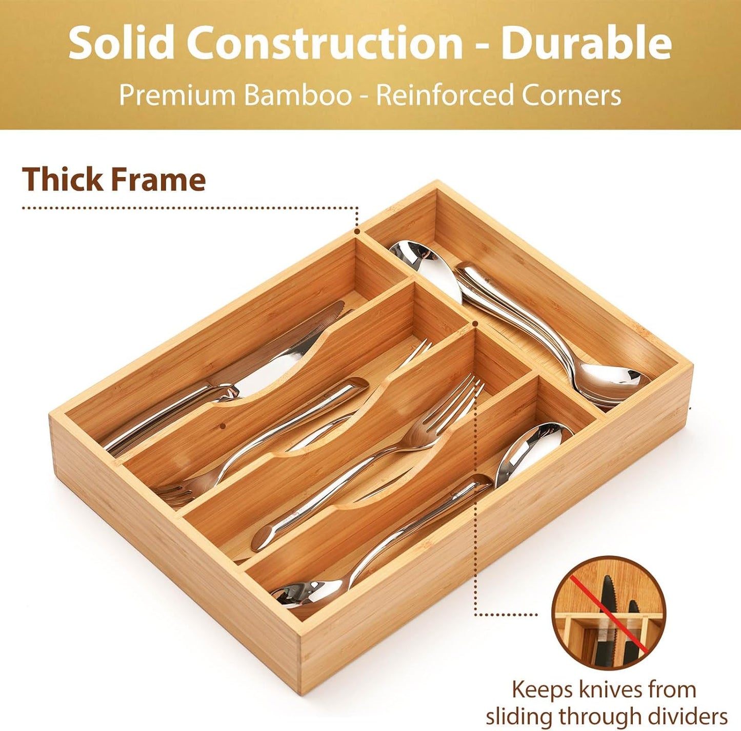 Umilife Bamboo Kitchen Drawer Organizer, 13 Inch Silverware Utensil Tray Holder, Extra Deep Grooved Drawer Divider, 7 Slots Total Bamboo Wood Caddy for Flatware Cutlery Knives, Forks, Spoons