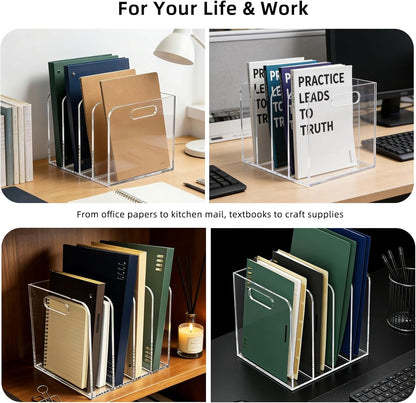 Acrylic Magazine File Holder, 4 Vertical Compartments Desk Document Sorter Organizer, Clear Folder Rack Binder for Office, Documents, Tablets, Magazines, Books – Home/Classroom Rack