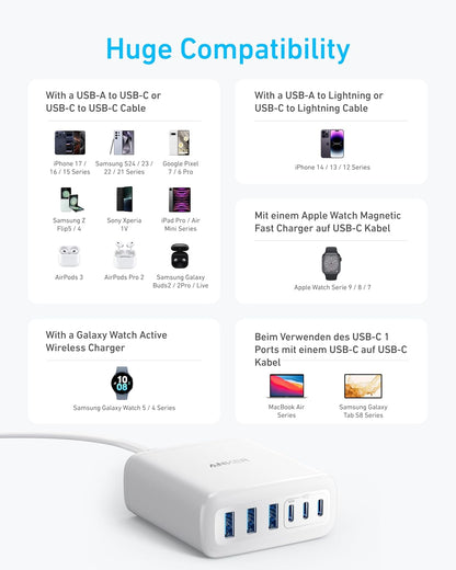 Anker Desktop Charger, Fast Charging USB C Charger with 112W Max 6-Port Desk Accessories for Home Office, Campatible with Multiple Devices, iPhone, iPad, MacBook, Galaxy and More (Cable Not Included)