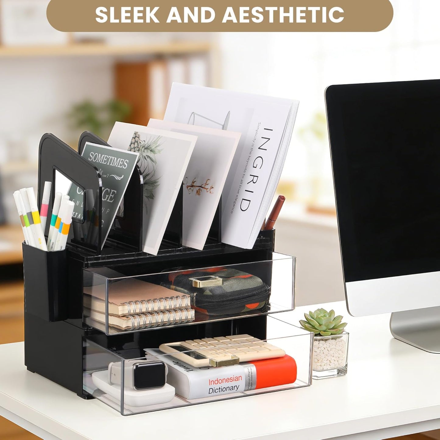 LALOBLUE Acrylic Desk Organizer with Drawer and Vertical File Holder, Desk Organizers and Accessories, Multi-Functional Office Supplies Organizer for Home or Work Desk, White