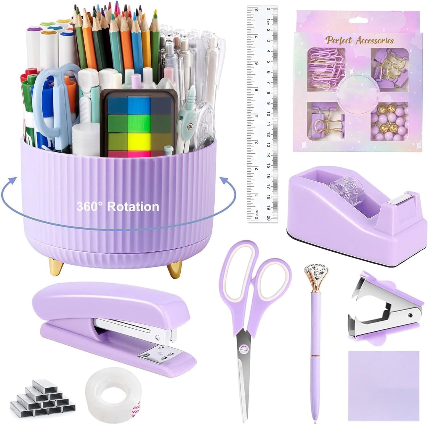 suniya Office Supplies,Gold Desk Accessories,with Stapler,Tape Dispenser,Pen Holder,Scissors,Phone Stand,Staple Remover,Ballpoint Pen,Clear Tape, Staples,Ruler,Clips,Best Gift for Business or Boss