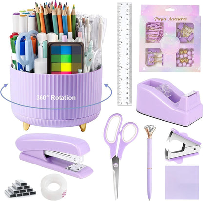 suniya Office Supplies,Gold Desk Accessories,with Stapler,Tape Dispenser,Pen Holder,Scissors,Phone Stand,Staple Remover,Ballpoint Pen,Clear Tape, Staples,Ruler,Clips,Best Gift for Business or Boss