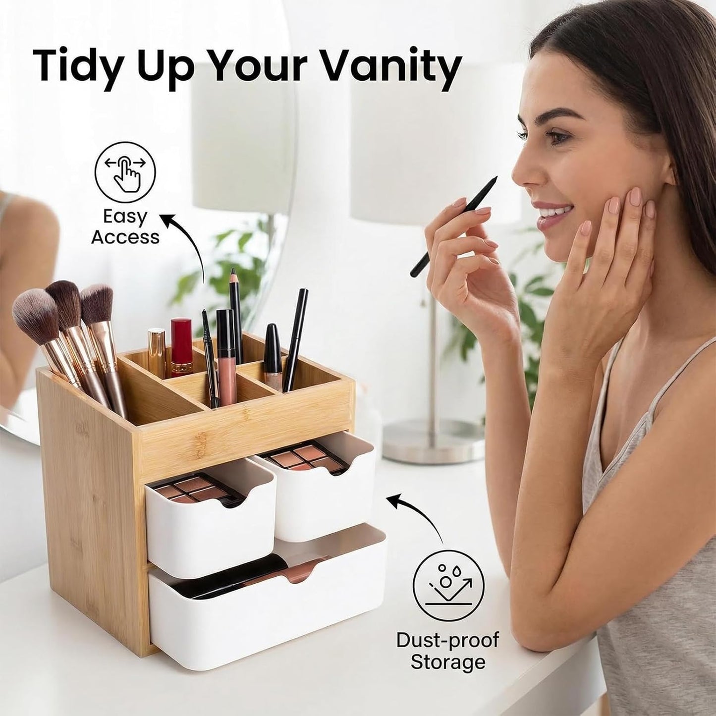 Bamboo Makeup Organizer with 3 Drawers, Dresser Cosmetic Organizer Box,Bamboo Desk Organizer for Home with Adjustable Dividers