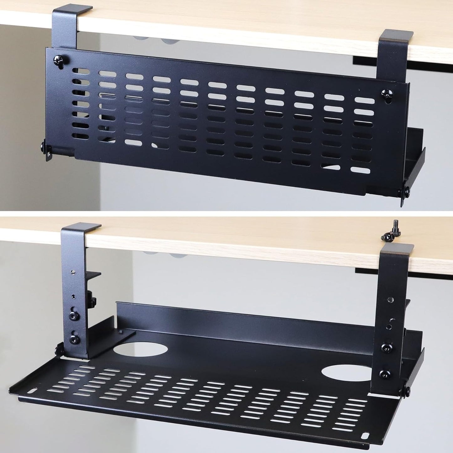 AEONS Under Desk Cable Management Tray Kit - Horizontal Adjustable up to 41” Removable C Clamp Mount Reversible Computer Cord Raceway and Modesty Panel for Large Table, Black