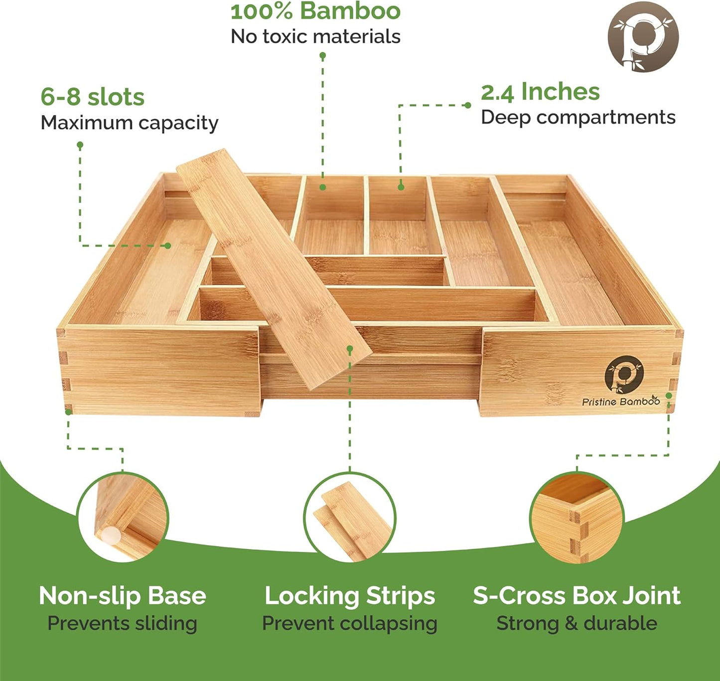 Pristine Bamboo Expandable Drawer Organizers for Kitchen - Extra Deep Non-Slip 17” x 14.6” (expands up to 25 inches) - Dark Wooden Silverware Divider (10 Compartments) – Organize Cooking Utensils