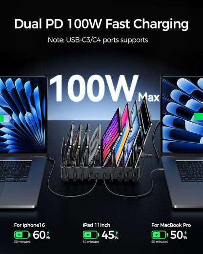 400W Charging Station for Multiple Devices, 10 Port Double PD 100W USB C Charging Station with 6 Cables, Multi-Device Organizer Fast Charging Dock for MacBook, iPad, iPhone, Cell Phone, Tablet