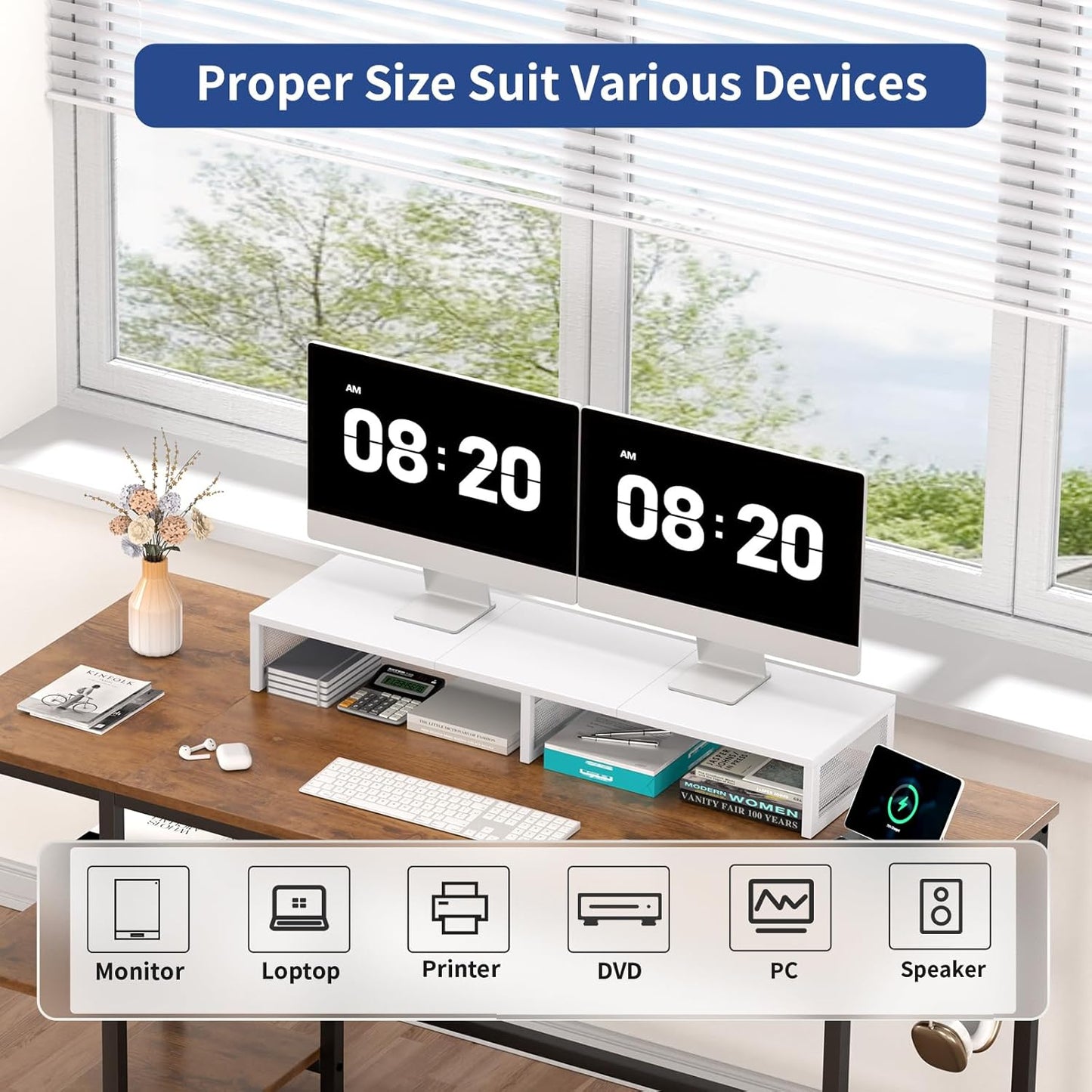Dual Computer Monitor Stand Riser, Desk Organizers and Accessories, Printer & TV Stand, Desk Shelf, Office Desk Accessories & Desktop Workspace Organizer for Office Supplies, Black