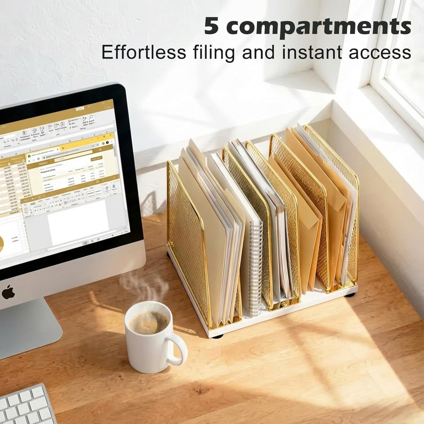 AUPSEN 5-Section Gold File Organizer for Desk, Wood Mesh Desktop File Organizer, File Sorter Storage Rack, Vertical Folder Holder for Files, Magazines, Books (Gold)