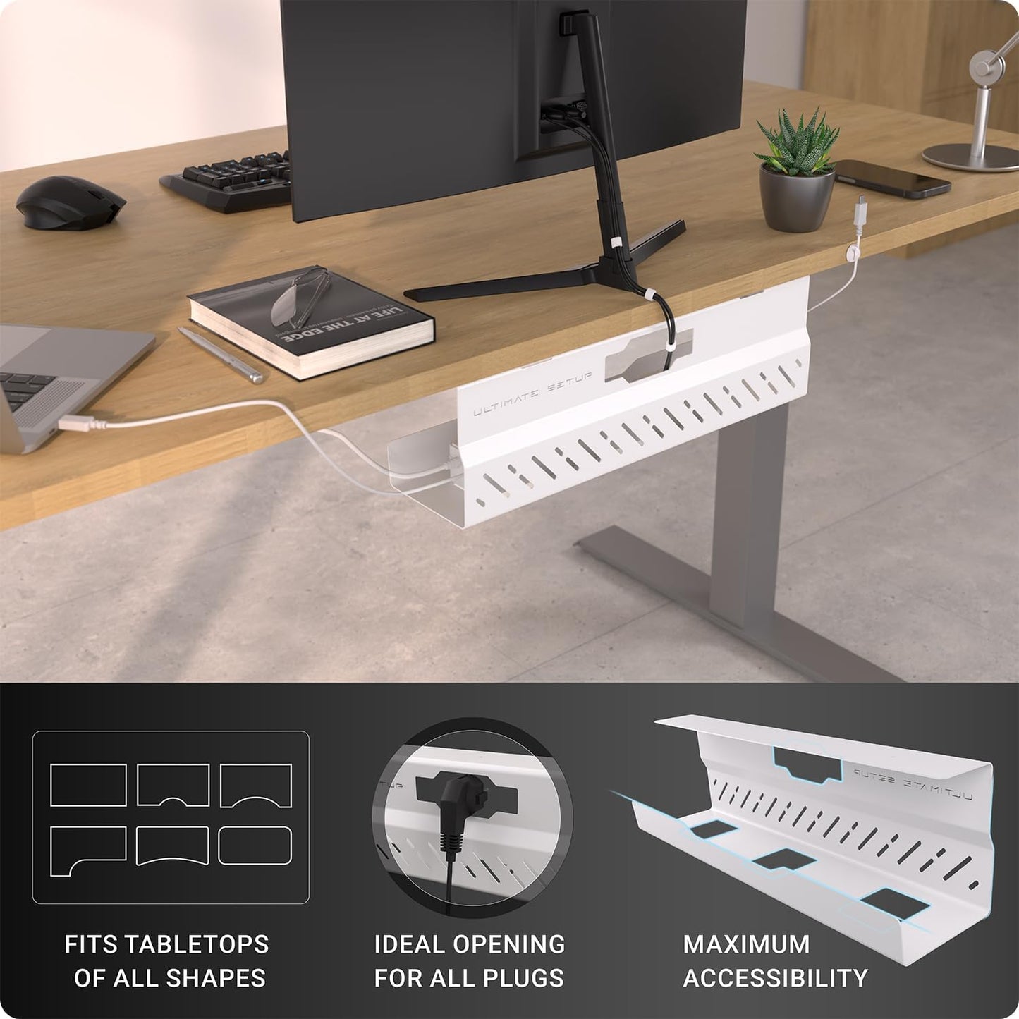 Under Desk Cable Management Tray no Drill – Wire Management - Cord Organizer – Huge Load Capacity – Under Desk Cable Tray no Drill (Black, 2 Pieces Set)