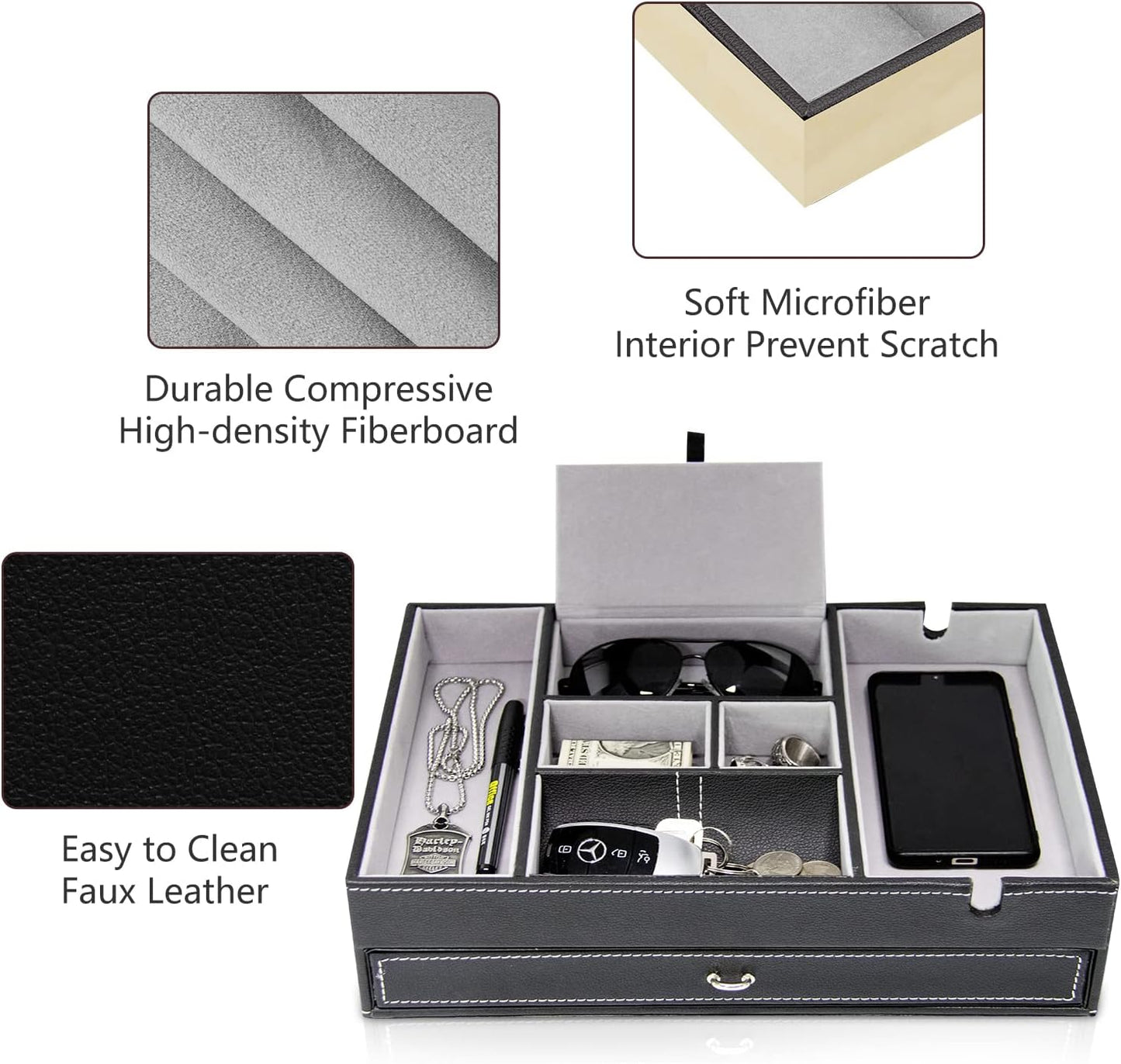 Baoyun Valet Tray for Men, 2 Layers Nightstand Organizers for Men and Women, Leather Jewelry Storage Box, Mens Dresser Top Organizer, Catch All for Jewelry Key Wallet and Phone (Brown)