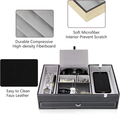 Baoyun Valet Tray for Men, 2 Layers Nightstand Organizers for Men and Women, Leather Jewelry Storage Box, Mens Dresser Top Organizer, Catch All for Jewelry Key Wallet and Phone (Brown)