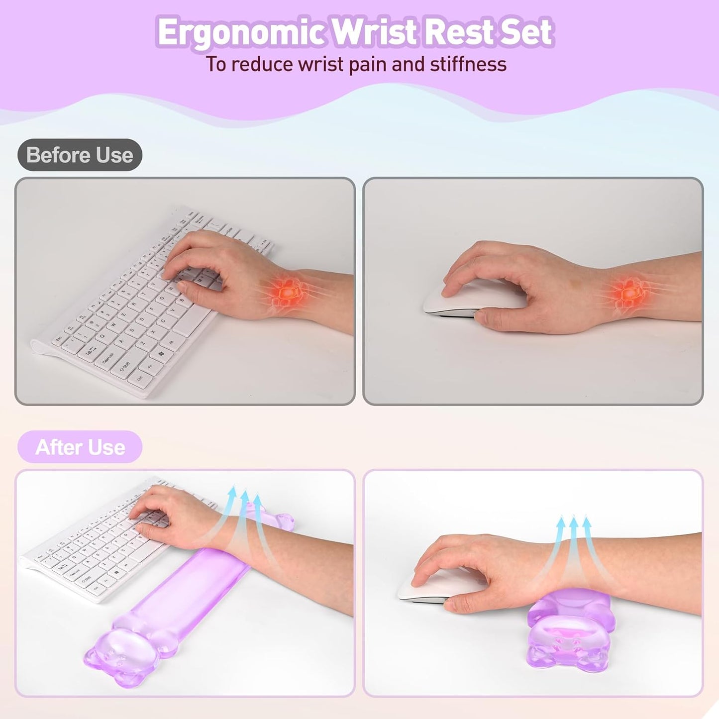 Gel Keyboard and Mouse Wrist Rest Set – Clear Wrist Rest for Computer Keyboard 60%/68%/75%, Comfort & Support for Typing and Gaming(Cute Pink Bear)