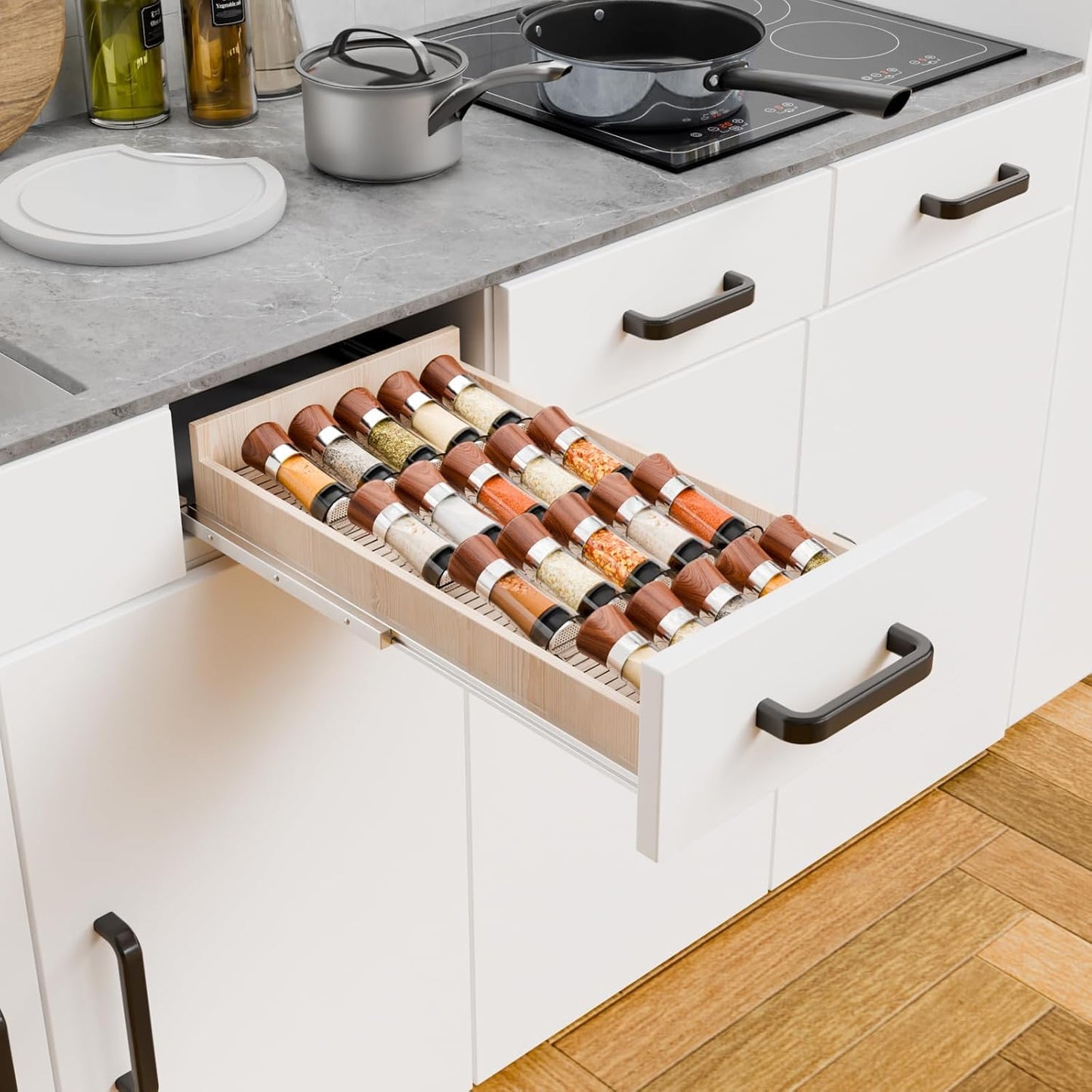 Yieach 8 Pack Adjustable In Drawer Spice Organizer - Expandable From 11'' to 22'' - Acrylic Drawer Seasoning Organizer,Clear Spice Organization Tray for Cabinet Drawers Condiment,Nail Polish and Jar