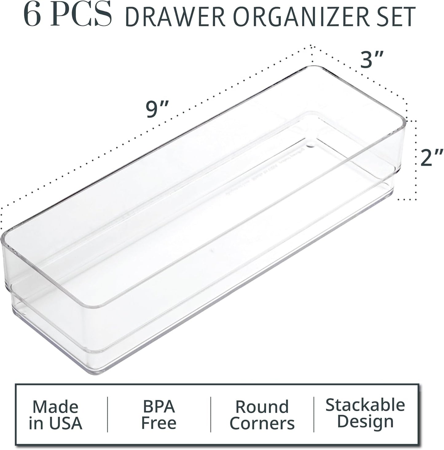 STORi SimpleSort 6-Piece Stackable Clear Drawer Organizer Set | 12" x 3" x 2" Rectangle Trays | Narrow Makeup Vanity Storage Bins and Office Desk Drawer Dividers | Made in USA