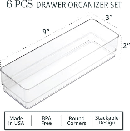 STORi SimpleSort 6-Piece Stackable Clear Drawer Organizer Set | 12" x 3" x 2" Rectangle Trays | Narrow Makeup Vanity Storage Bins and Office Desk Drawer Dividers | Made in USA