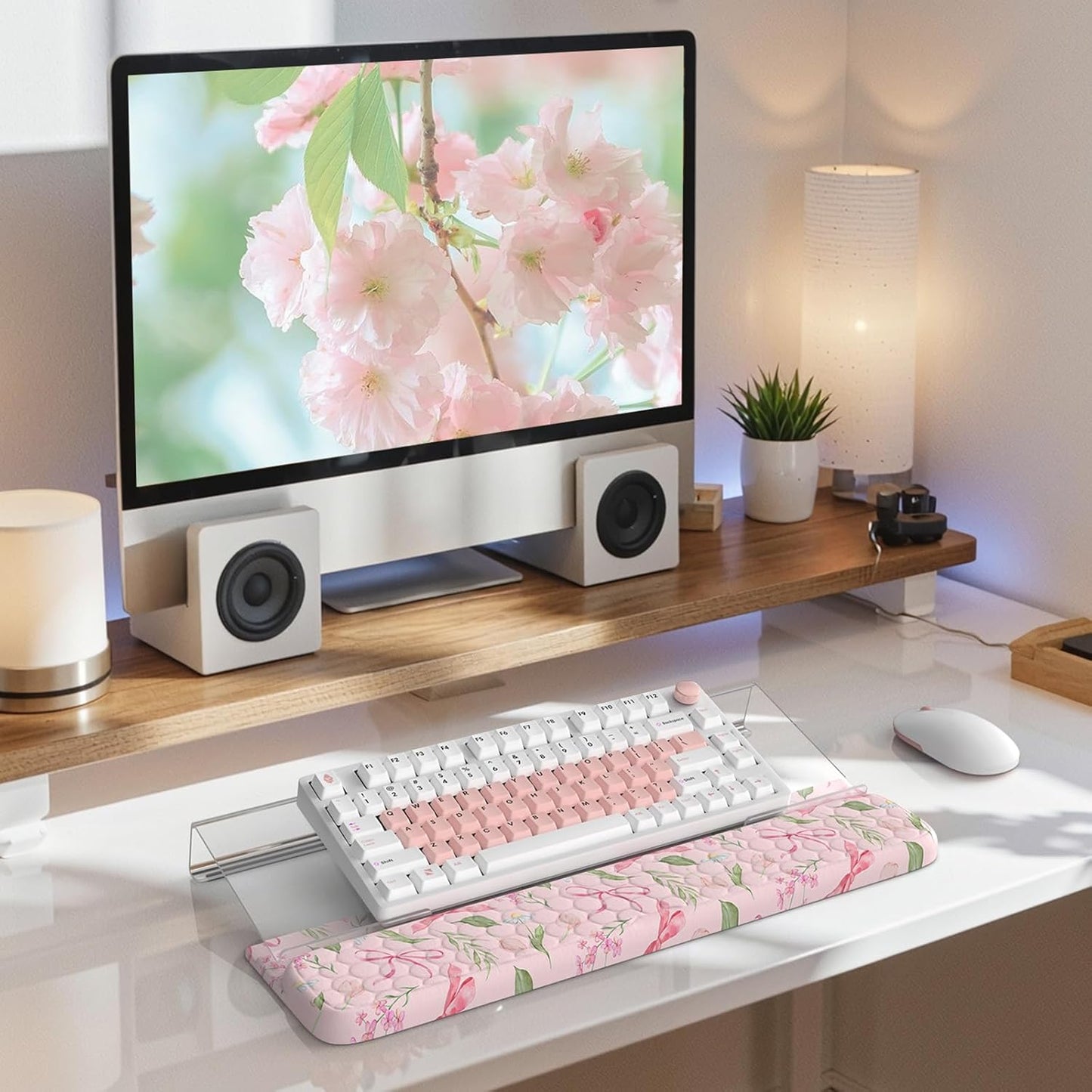 2 in 1 Keyboard Stand for Desktop, Floral Wrist Support for Keyboards, Anti-Fatigue Memory Foam Wrist Rest for Computer, 3-Angle Adjustable Keyboard Riser for Office Home (Pink Bow)