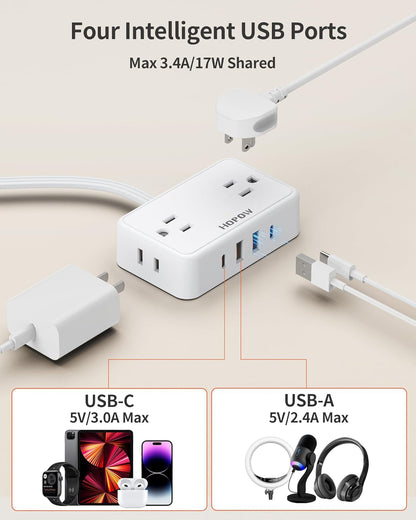 HOPOW Desk Clamp Power Strip, Desktop Mount Charging Station with 4 Outlets 4 USB Ports (2 USB C), 10Ft Under Desk Power Strip, Fits 2.75" Tabletop Edge, Extension Cord for Home Office, Black