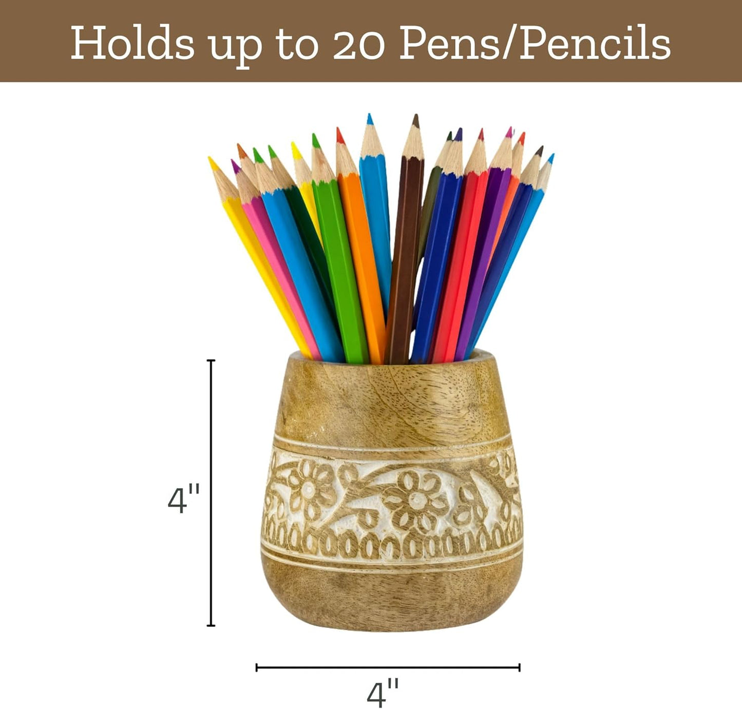 Mie Creations Designer Pencil Holder for Desk Wood | Wooden Pen Stand, Paintbrush Cup, Desk Accessories, Cute Make Up Brush Organizers | Office Desktop Stationery, Christmas Holidays Gift- 4'' Brown