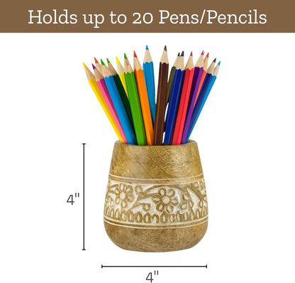 Mie Creations Designer Pencil Holder for Desk Wood | Wooden Pen Stand, Paintbrush Cup, Desk Accessories, Cute Make Up Brush Organizers | Office Desktop Stationery, Christmas Holidays Gift- 4'' Brown