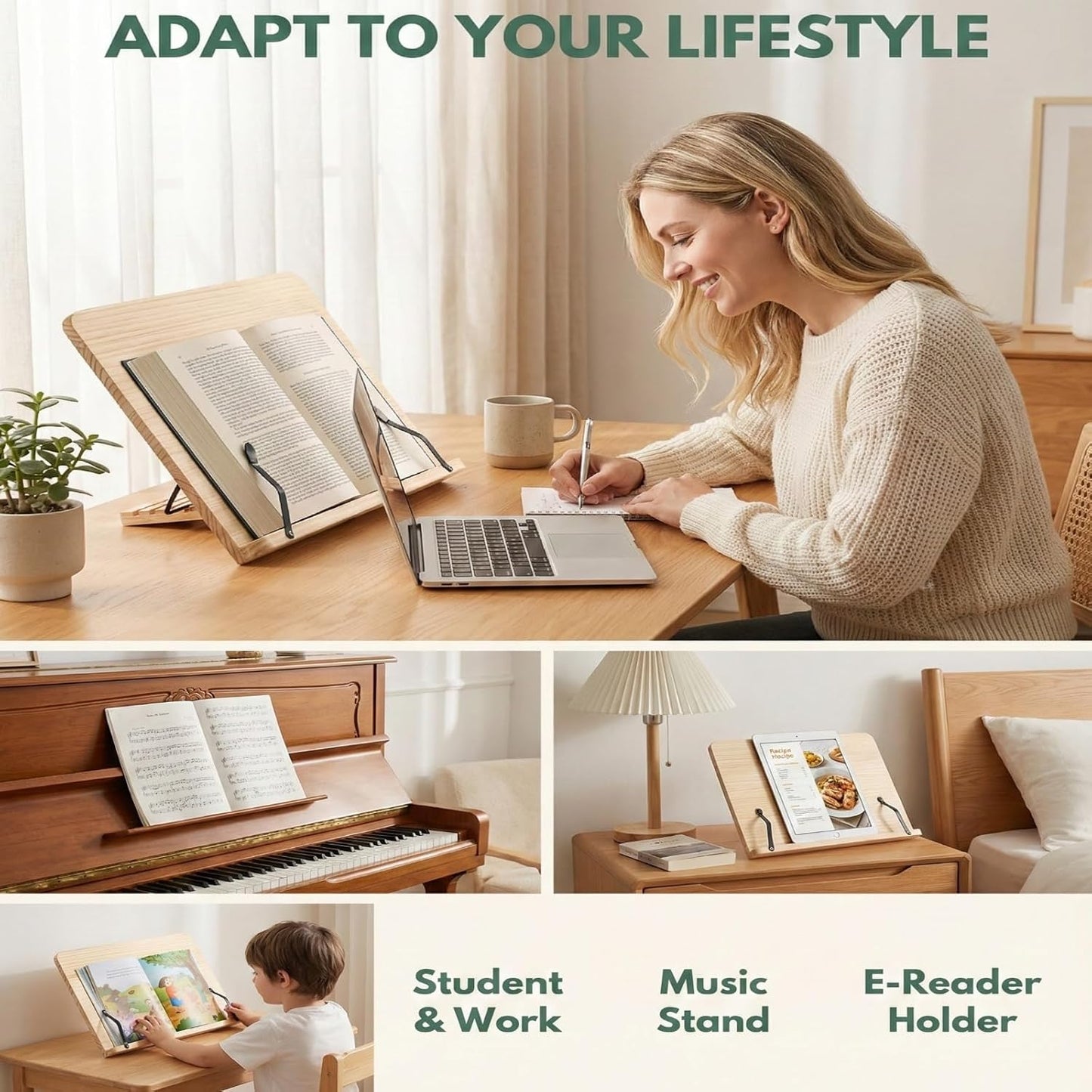Reading Rack Wooden Bookshelf - Book Stand Foldable with 8 Adjustable Positions and Page Clips,Suitable for cookbooks、iPads、laptops、Sheet Music、and Reading Stands (11x7.9inch)