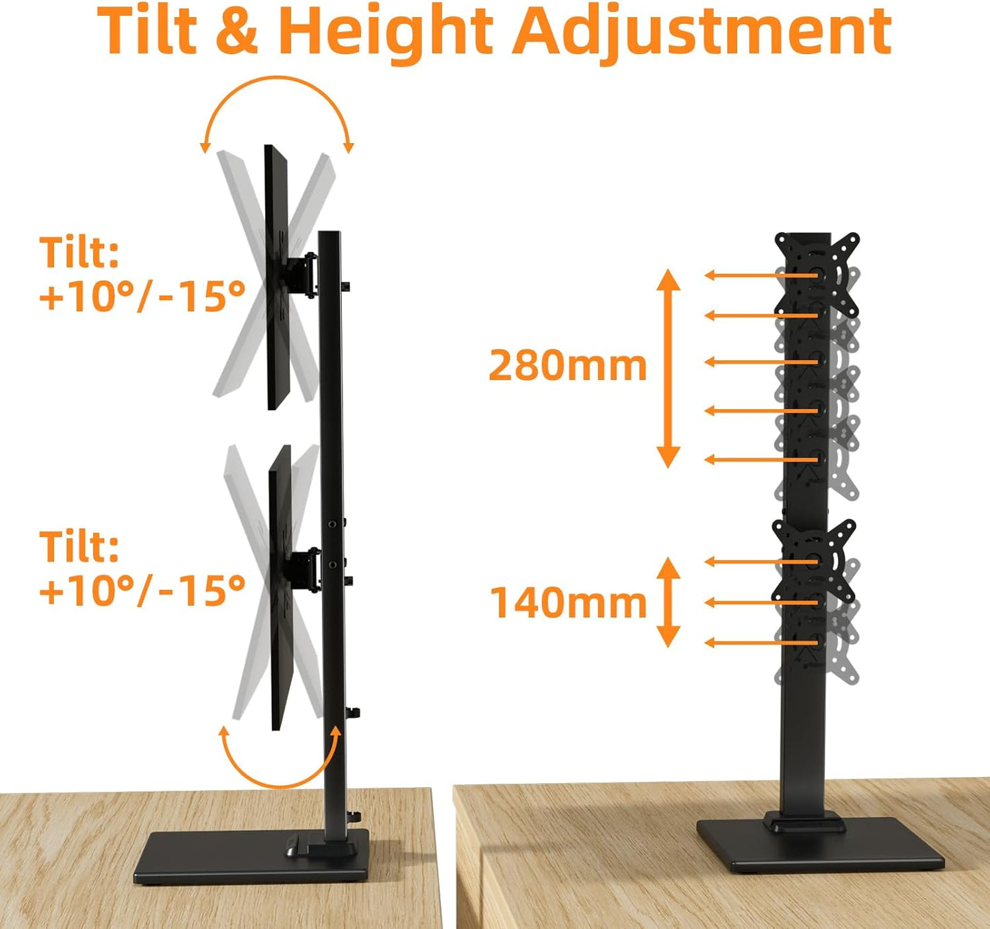 Suptek Single LCD Computer Monitor Free-Standing Desk Stand Mount Riser for 13 Inch to 43 Inch Screen with Swivel, Height Adjustable, Rotation, 50, 75, 100mm VESA Base Stand, Black