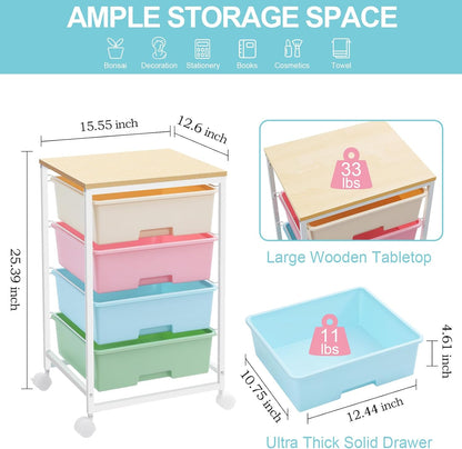 SYKIARIOL Utility Cart with 4 Drawers, Multipurpose Rolling Storage Cart with 4 Drawers and 2 Lockable Wheels, 4-Tier Rolling Storage Cart Organizer for Home Office Dorm, Bright White