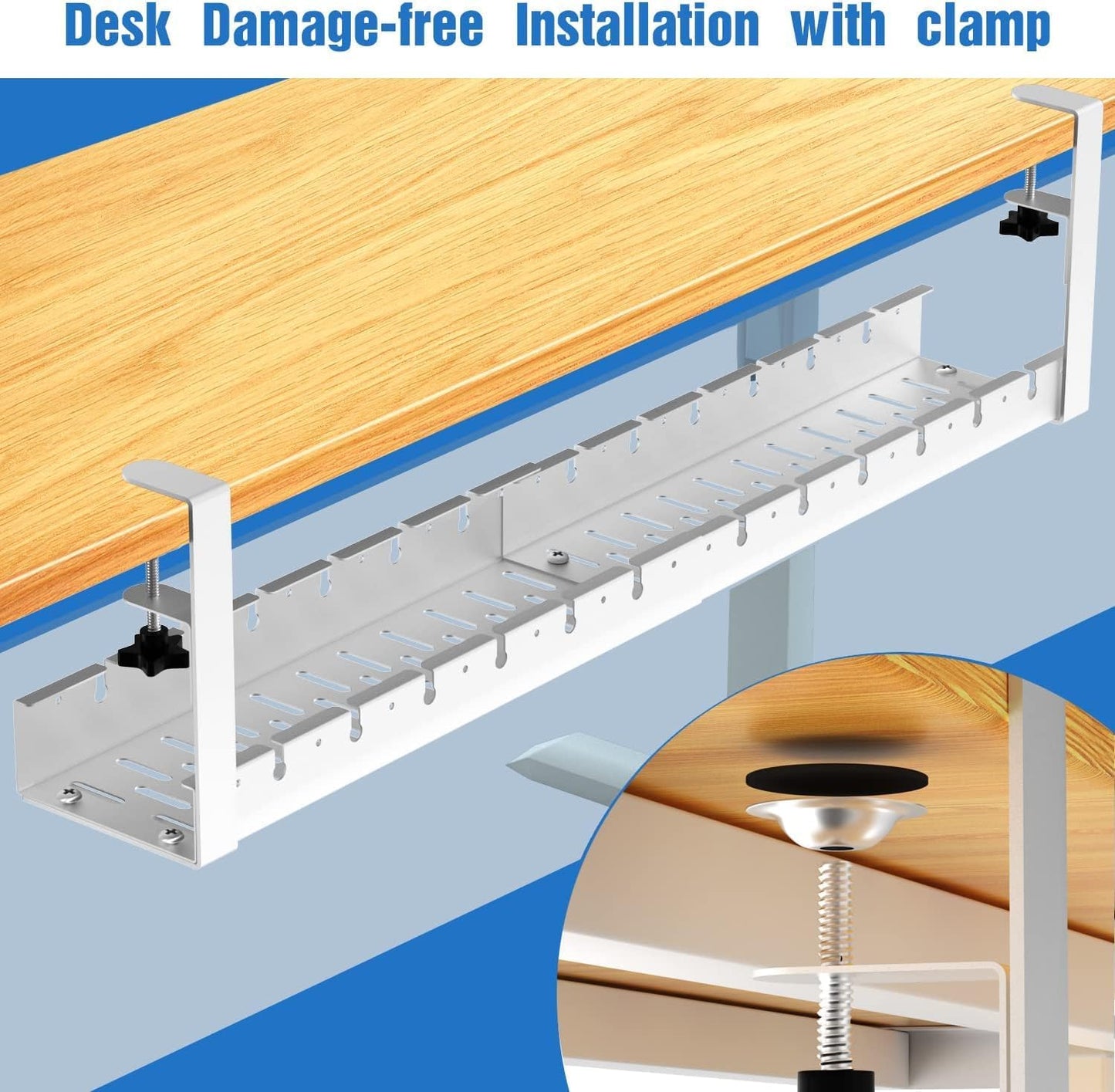 No Drilling Extendable Under Desk Cable Management, Metal Cable Management Tray Under Desk with Clamp, Retractable Power Strip Cord Holder for Wire Management 31Inch(1 Pack Black Extendable 31')
