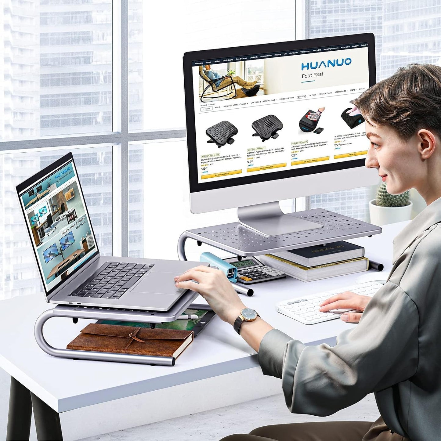 HUANUO Monitor Riser for Desk, Desk Organizer,Laptop Shelf w/Vented for Screen, Computer Stand for PC, Printer, for Home & Office