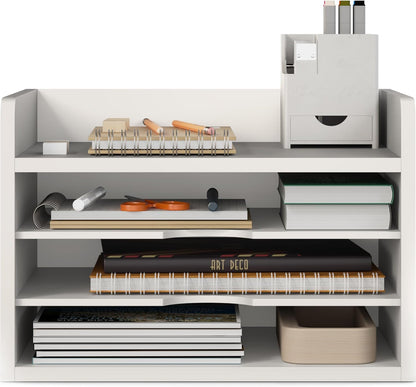 Ballucci File Organizer, 2-Tier Document Paper Sorter, Stackable Wood Desk Organizer Mail Holder, Monitor Stand with Storage Shelves, White