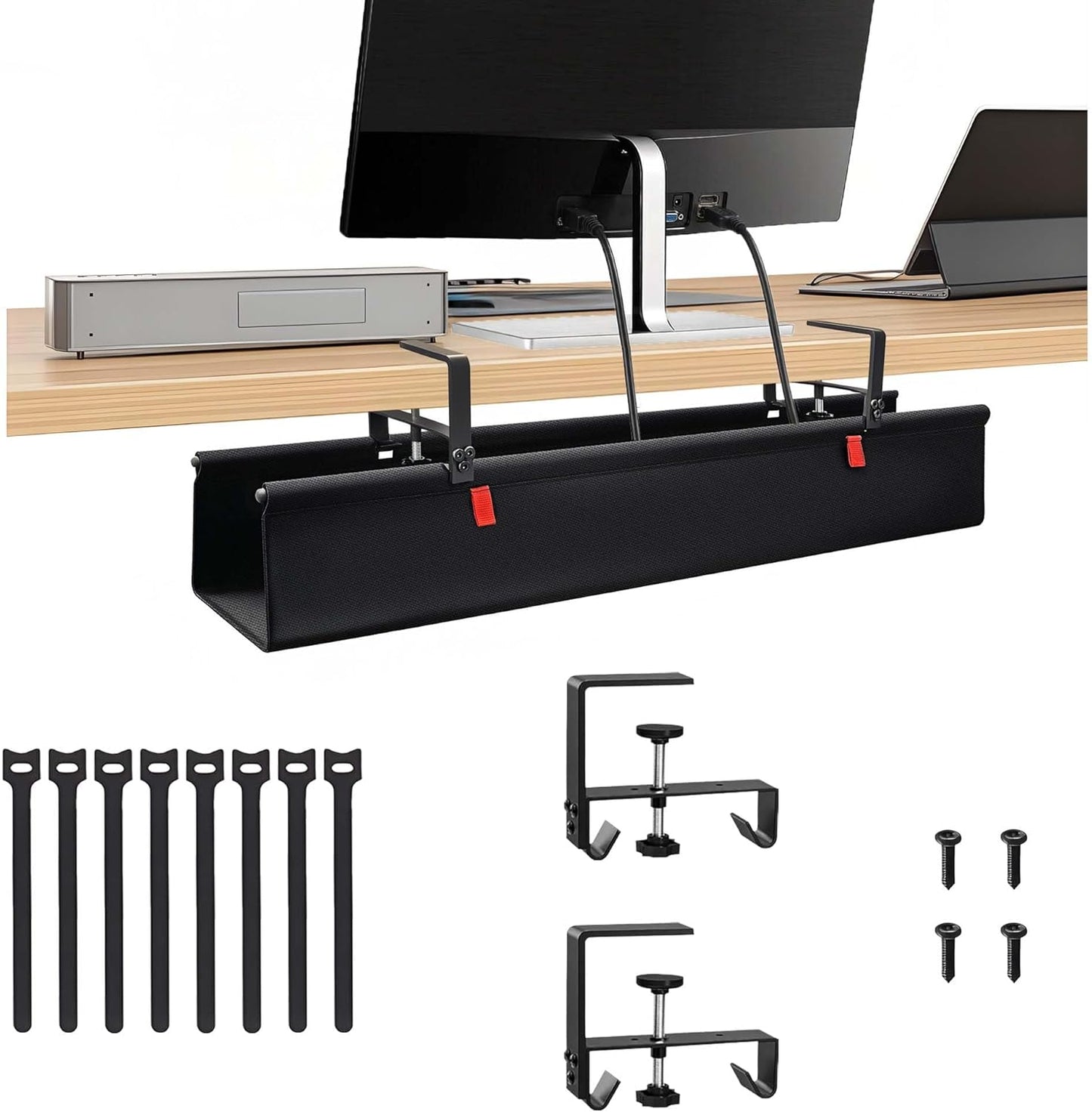 No Drill Cable Management Under Desk, 36" Cord Organizer for Table, Clamp/Screw Mount Cable Tray, Premium Black Fabric Desk Cord Management Tray for Office, Home (Large (36 Inch))