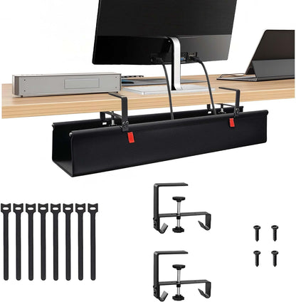 No Drill Cable Management Under Desk, 36" Cord Organizer for Table, Clamp/Screw Mount Cable Tray, Premium Black Fabric Desk Cord Management Tray for Office, Home (Large (36 Inch))